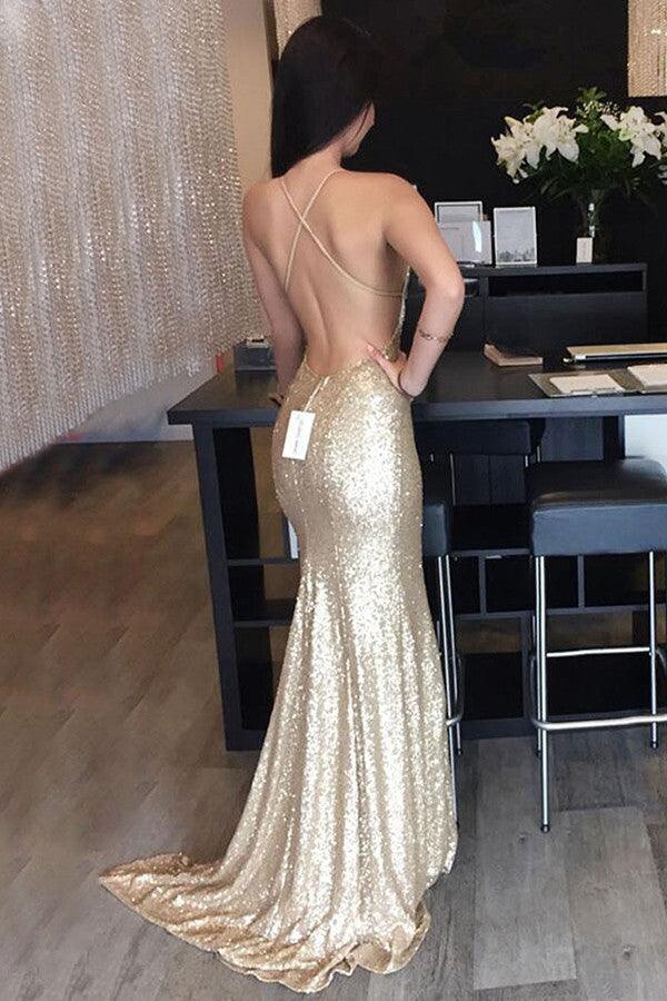 Spaghetti Straps Sweep Train Criss-Cross Straps Gold Sequined Prom Dress TP0064 - Tirdress