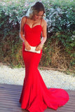 Spaghetti Straps Sweep Train Sleeveless Red Stretch Satin Prom Dress TP0044 - Tirdress