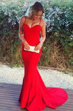 Spaghetti Straps Sweep Train Sleeveless Red Stretch Satin Prom Dress TP0044 - Tirdress