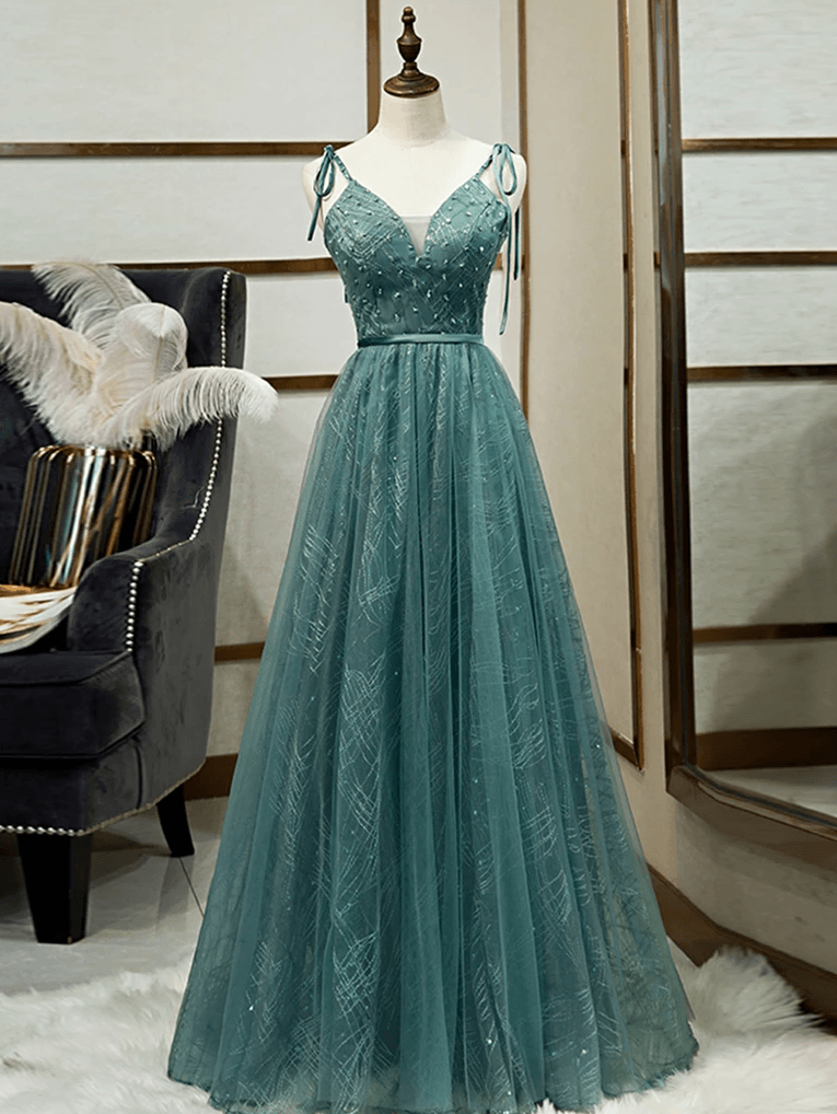 Straps Tulle Modest A Line Evening Dress Long Prom Dress TP0947 US4 / As Picture Straps Tulle Modest A Line Evening Dress Long Prom Dress TP0947 US4 / As Picture