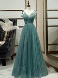 Spaghetti Straps Tulle Modest A Line Evening Dress Long Prom Dress TP0947 - Tirdress