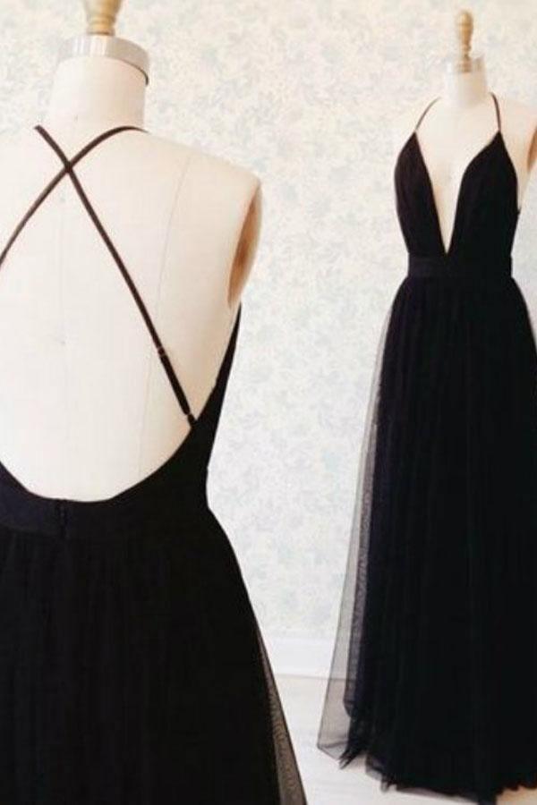 Spaghetti Straps v neck tulle long prom dress, Open Back evening dress TP0847 - Tirdress