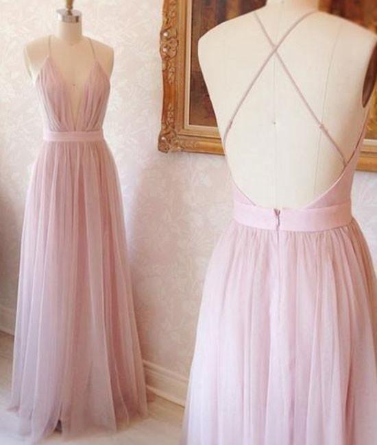 Spaghetti Straps v neck tulle long prom dress, Open Back evening dress TP0847 - Tirdress