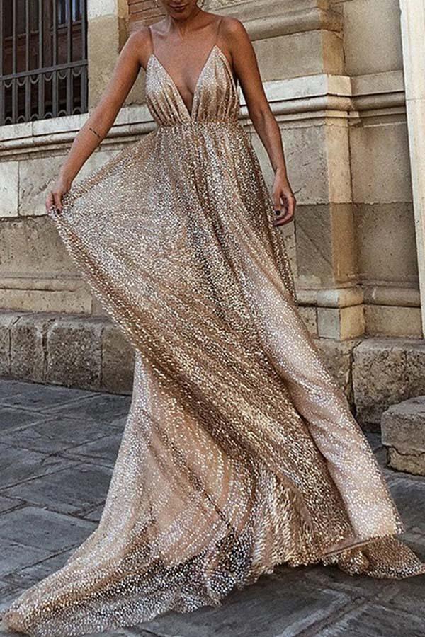 Sparkle Backless Plunging Neckline Long Prom Evening Dress TP0171 - Tirdress