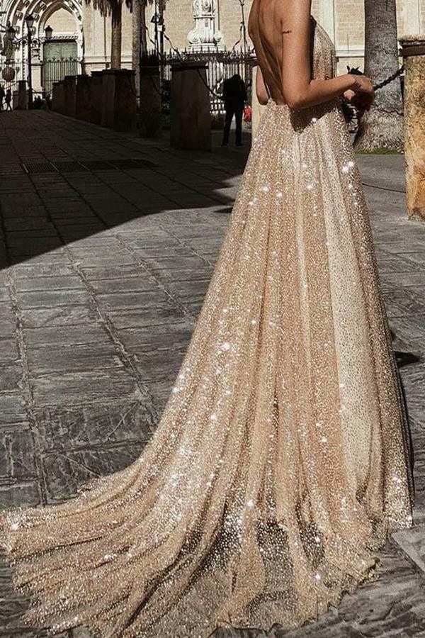 Sparkle Backless Plunging Neckline Long Prom Evening Dress TP0171 - Tirdress