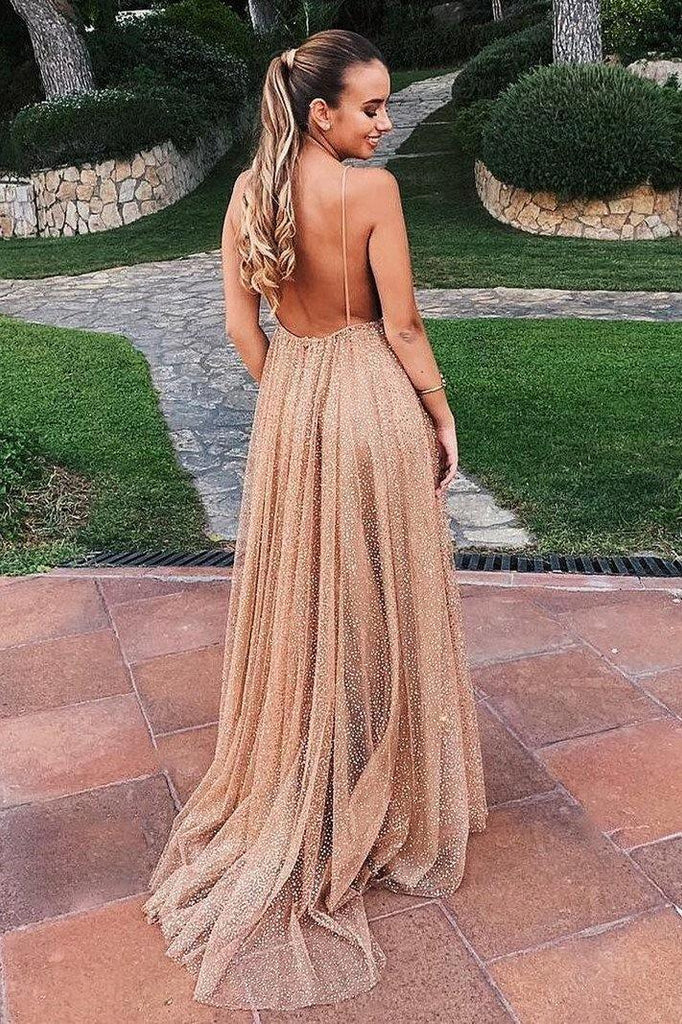 Sparkle Backless Plunging Neckline Sequin Long Prom Evening Dress TP0918 - Tirdress