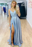 Sparkle col en V bleu longue robe de soirée de bal avec fente TP1007