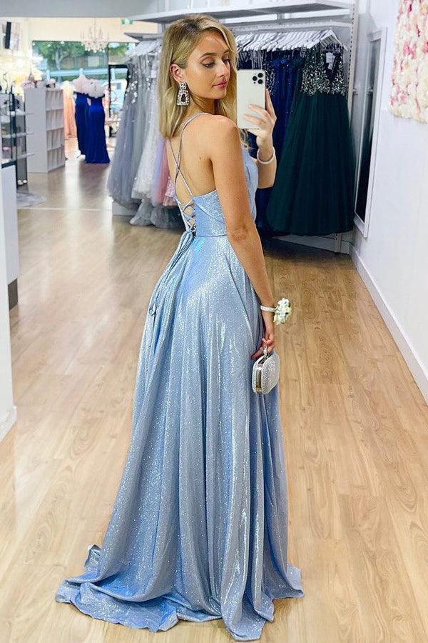 Sparkle V-Neck Blue Long Prom Evening Dress with Slit TP1007 - Tirdress