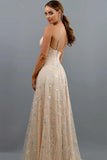 Sparkly A-line V Neck Sequins Tulle Prom Dresses Champagne Formal Dresses TP1173 - Tirdress