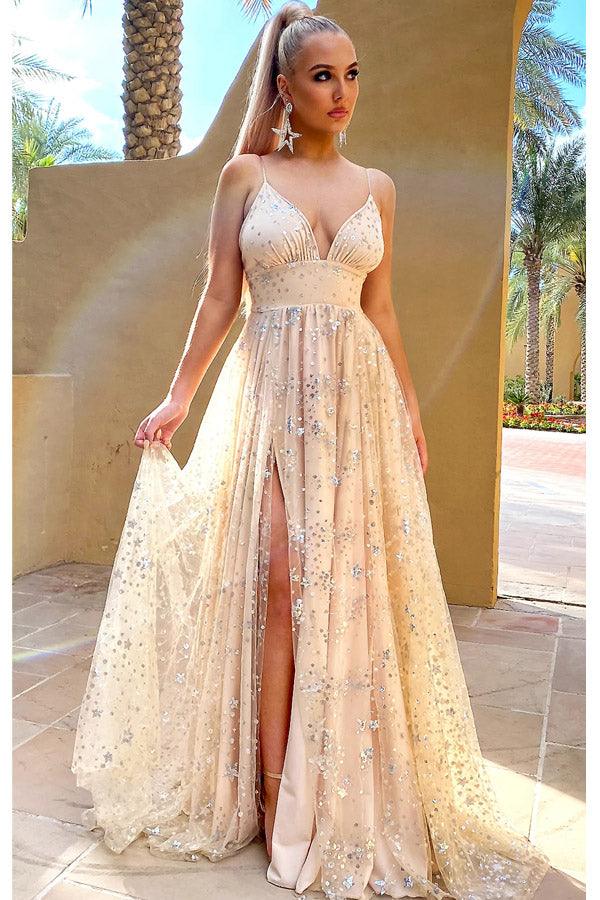 Sparkly A-line V Neck Sequins Tulle Prom Dresses Long Formal Dresses –  Tirdress