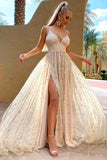 Sparkly A-line V Neck Sequins Tulle Prom Dresses Champagne Formal Dresses TP1173 - Tirdress