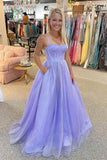 Sparkly Tulle Sweetheart Lavender Straps Long Prom Formal Dress TP1169
