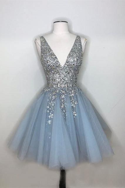 Sparkly A-line Deep V-neck Light Blue Short Homecoming Dresses HD0101 US2 / Custom Color Sparkly A-line Deep V-neck Light Blue Short Homecoming Dresses HD0101 US2 / Custom Color