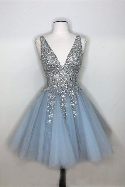 Sparkly A-line Deep V-neck Light Blue Short Homecoming Dresses HD0101 - Tirdress