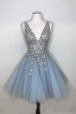 Sparkly A-line Deep V-neck Light Blue Short Homecoming Dresses HD0101 - Tirdress