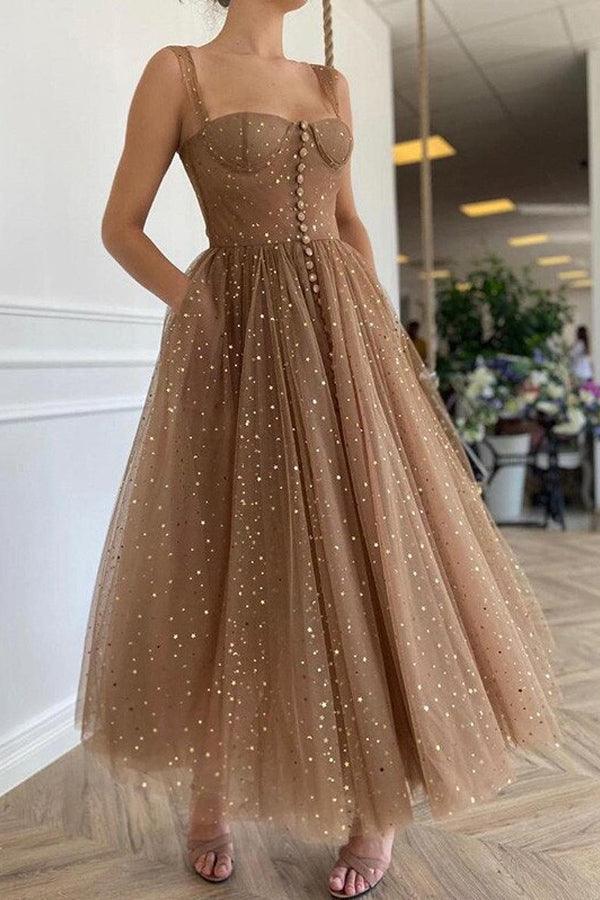 Sparkly A-line Prom Dresses Tulle Tea-length Evening Gowns TP1005 - Tirdress