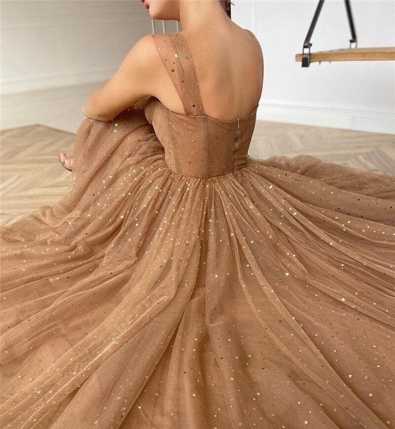 Sparkly A-line Prom Dresses Tulle Tea-length Evening Gowns TP1005 - Tirdress