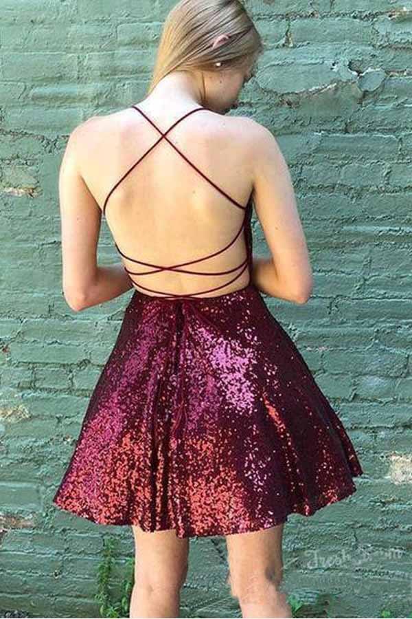 Sparkly Burgundy Homecoming Dresses Backless A line Mini Party Dress HD0112