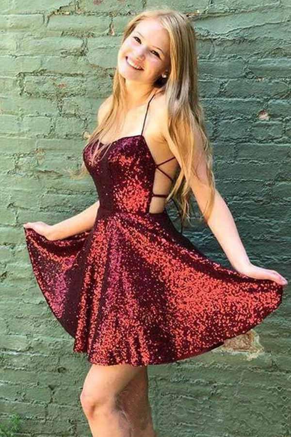 Sparkly Burgundy Homecoming Dresses Backless A-line Mini Party Dress HD0112 - Tirdress