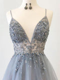 Sparkly Prom Dresses Aline Spaghetti Straps Long Grey Prom Dress Fashion Evening Dress TP0922 - Tirdress