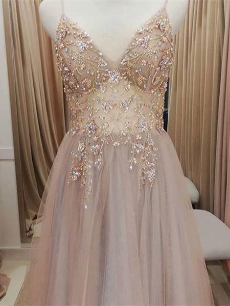 Sparkly Prom Dresses Aline Spaghetti Straps Long Grey Prom Dress Fashion Evening Dress TP0922 - Tirdress