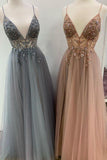 Sparkly Prom Dresses Aline Spaghetti Straps Long Grey Prom Dress Fashion Evening Dress TP0922 - Tirdress