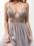 Sparkly Prom Dresses Aline Spaghetti Straps Long Grey Prom Dress Fashion Evening Dress TP0922 - Tirdress