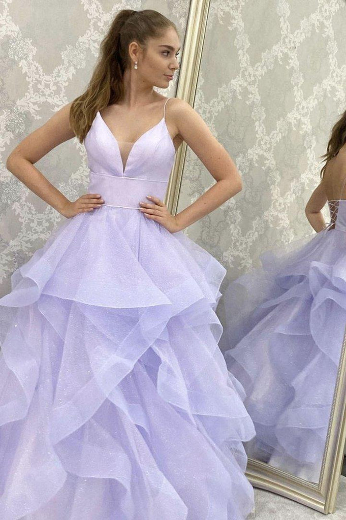 Sparkly A line Purple Tulle V Neck Long Prom Evening Dress With Sleeveless TP1022 - Tirdress