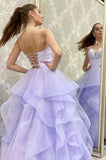 Sparkly A line Purple Tulle V Neck Long Prom Evening Dress With Sleeveless TP1022 - Tirdress