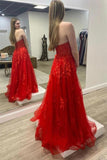 Strapless Red Tulle Long Prom/Evening Dress with Lace Appliques TP1139 - Tirdress