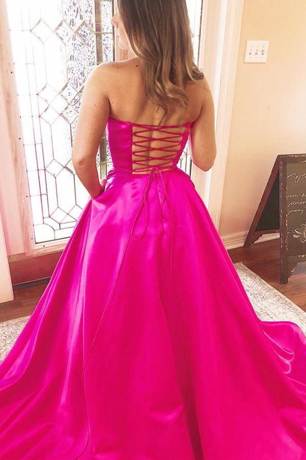 Strapless Fuchsia Satin Long Prom Dresses Evening Dresses With Pockets US6 / Custom Color Strapless Fuchsia Satin Long Prom Dresses Evening Dresses With Pockets US6 / Custom Color