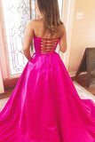 Strapless Fuchsia Satin Long Prom Dresses Evening Dresses With Pockets TP1095 - Tirdress