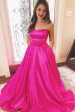 Strapless Fuchsia Satin Long Prom Dresses Evening Dresses With Pockets TP1095