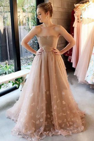 Strapless Light Brown Tulle Appliques Long Elegant Prom Dress TP0877 - Tirdress