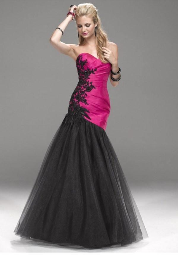 Strapless Long Hot Pink Satin Black Lace Tulle Bridesmaid Dress Corset Back TY0031 - Tirdress