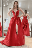 Strapless V Neck Open Back Red/Black Satin Long Prom Dress with High Slit TP1122