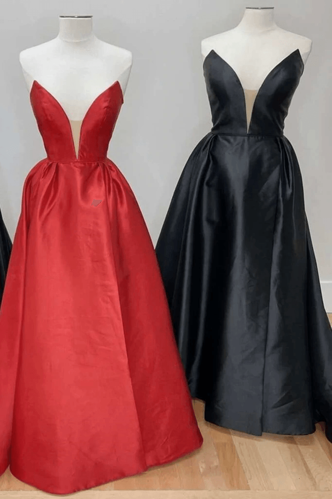 Strapless V Neck Open Back Red/Black Satin Prom Dress with High Slit Custom Size / Black Strapless V Neck Open Back Red/Black Satin Prom Dress with High Slit Custom Size / Black