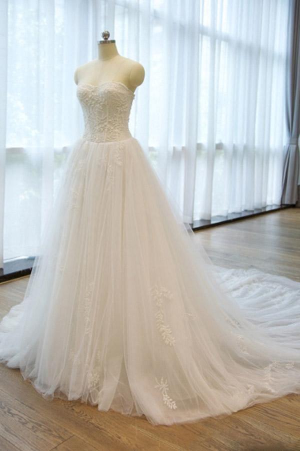 Strapless -Up Appliques A Line Chapel Train Wedding Dress With Beading WD168 - Tirdress