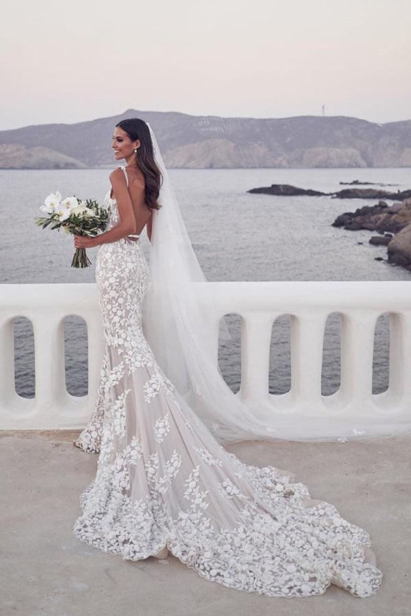 Elegant A-line V Neck Lace Appliques Wedding Dresses With Long Sleeves –  Tirdress