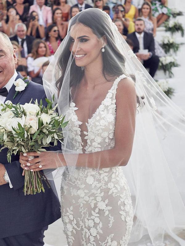 Straps Mermaid Wedding Dresses Lace Appliqued Bridal Gowns US8 / Ivory