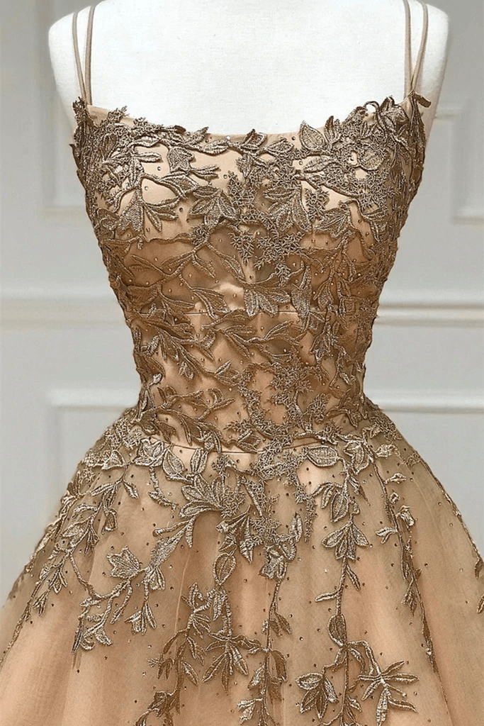 Champagne Lace Tulle Long Prom Dress Formal Evening Dress Ball Gown TP1132 - Tirdress
