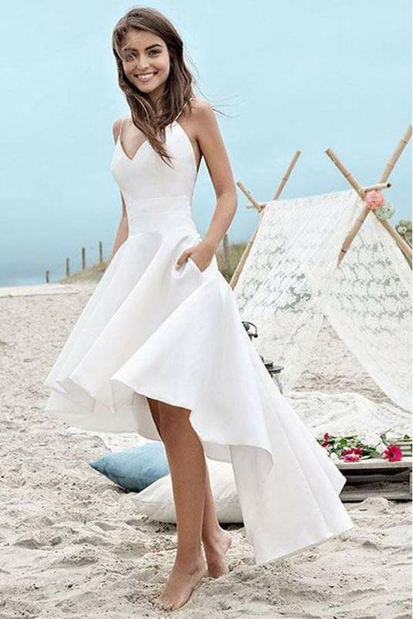 Straps High Low Ivory Satin Sleeveless Backless Prom Dress PG446 - Tirdress