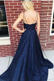 Straps Navy Blue Satin Long Prom Dress Evening Dress with Side Split PG711 - Tirdress