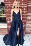 Straps Navy Blue Satin Long Prom Dress Evening Dress with Side Split PG711