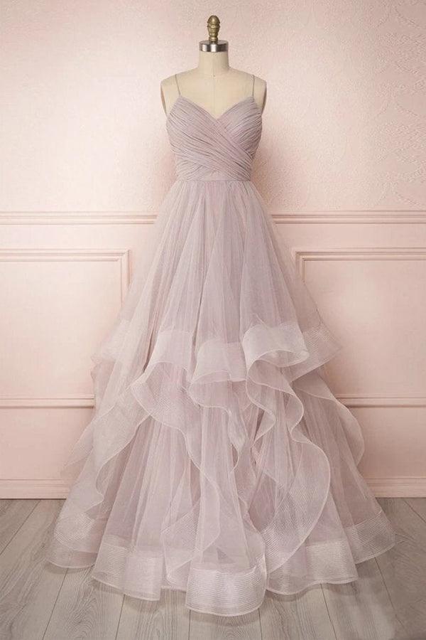 Straps Pleated Floor Length Tulle Prom Dress Long Evening Dress TP1056 - Tirdress
