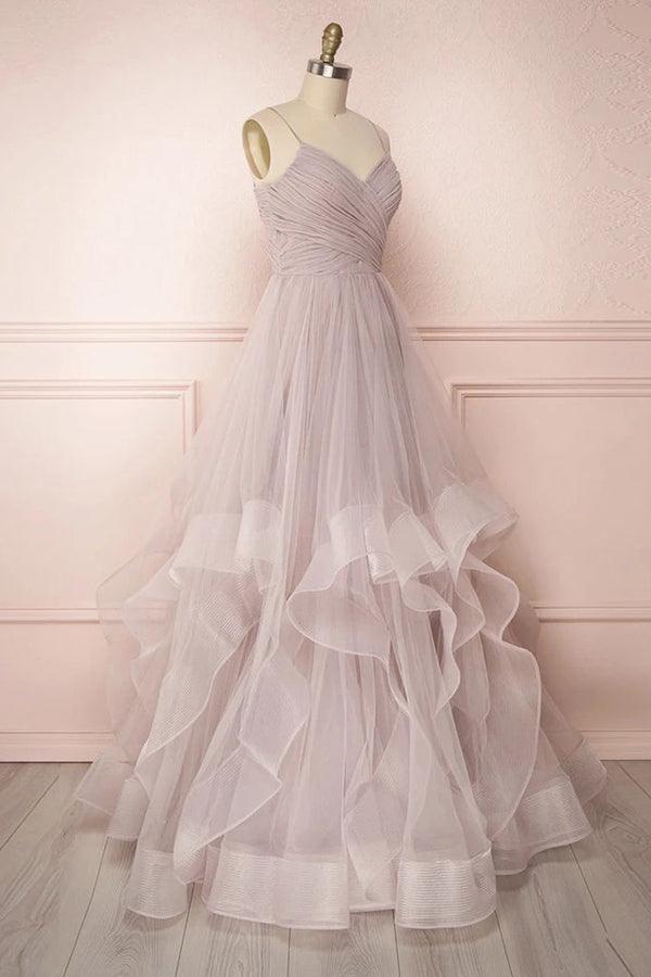 Straps Pleated Floor Length Tulle Prom Dress Long Evening Dress TP1056 - Tirdress