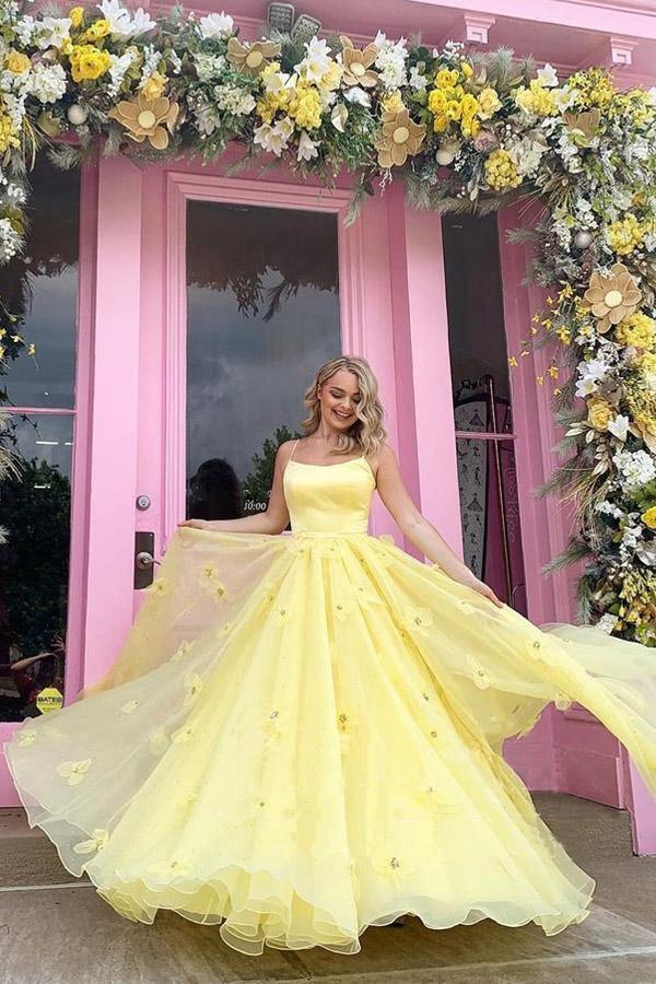 Straps Tulle Bodice 3D Flowers With Back Lace Up Yellow Prom Dress TP0976 - Tirdress