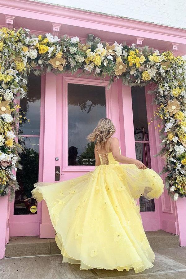 Straps Tulle Bodice 3D Flowers With Back Lace Up Yellow Prom Dress TP0976 - Tirdress