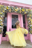 Straps Tulle Bodice 3D Flowers With Back Lace Up Yellow Prom Dress TP0976 - Tirdress