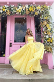 Straps Tulle Bodice 3D Flowers With Back Lace Up Yellow Prom Dress TP0976 - Tirdress